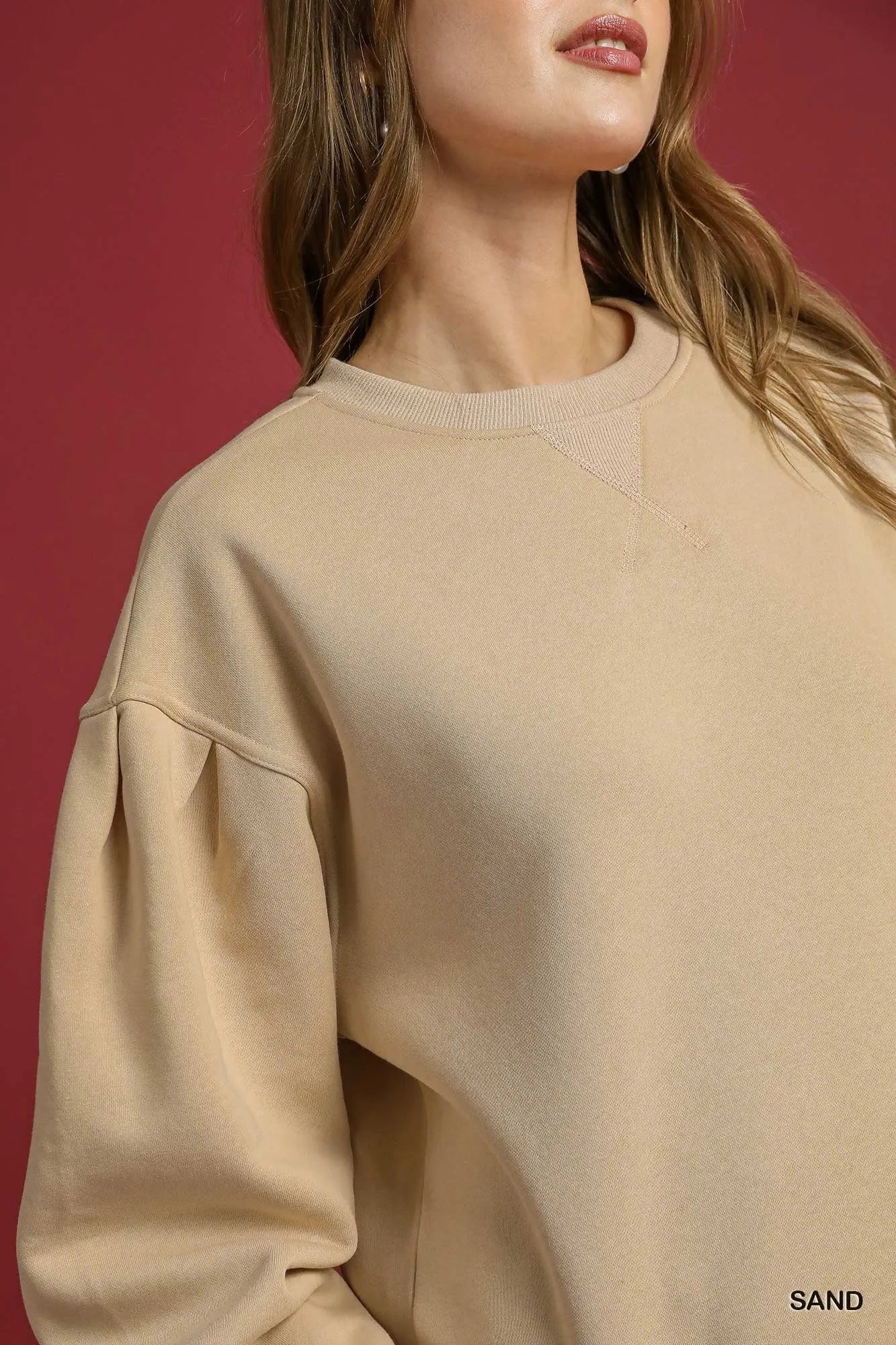 Image of Umgee Round Neck Sweatshirt with Pleated Detail | Queeble.shop
