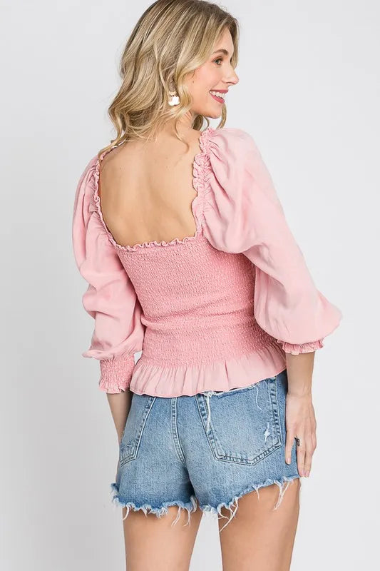 Image of GeeGee Full Size Ruffled Smocked Frill Square Neck Top Plus Size | Queeble.shop