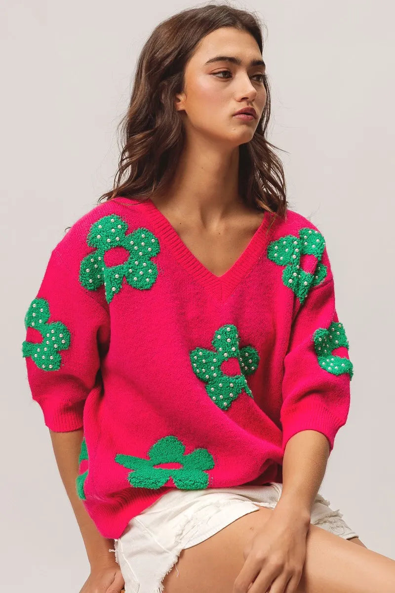 Image of BiBi Pearl Beads Flowers Sweater Top | Queeble.shop