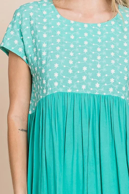 Image of Lime 'N' Chili Full Size Embroidered Short Sleeve Pleated Babydoll Top Plus Size | Queeble.shop