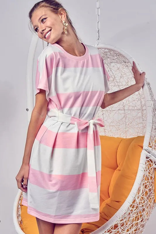 Image of BiBi Tie Front Striped Short Sleeve Dress | Queeble.shop