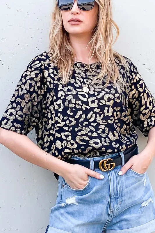 Image of And The Why Leopard Foil Printed Half Sleeve Summer Sweater | Queeble.shop