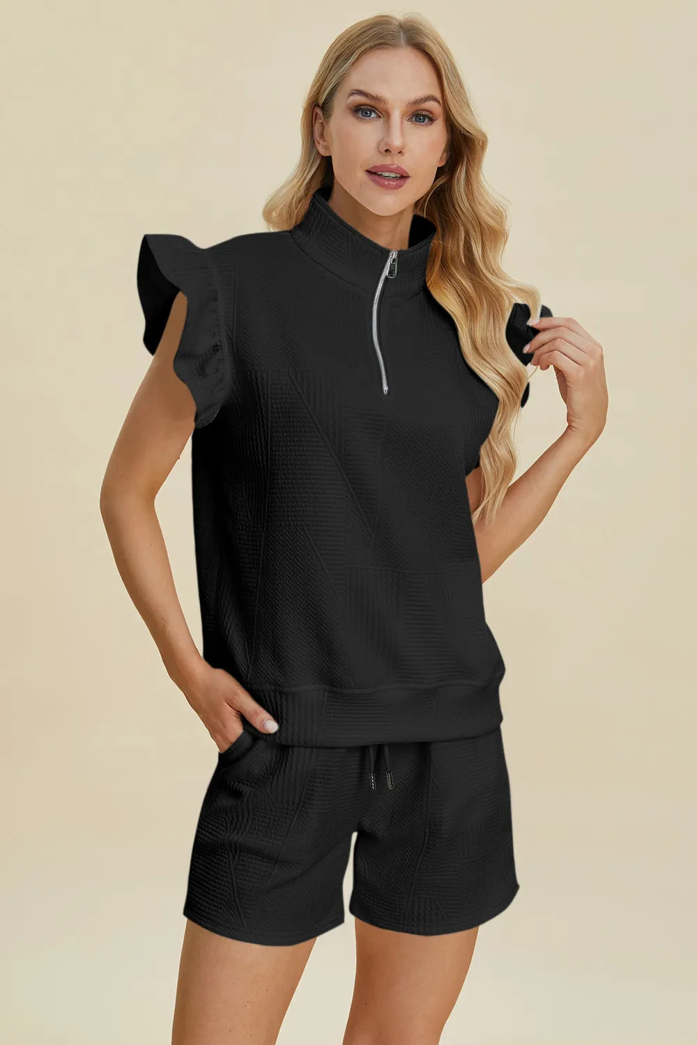 Image of Double Take Full Size Texture Flounce Sleeve Top and Shorts Set | Queeble.shop