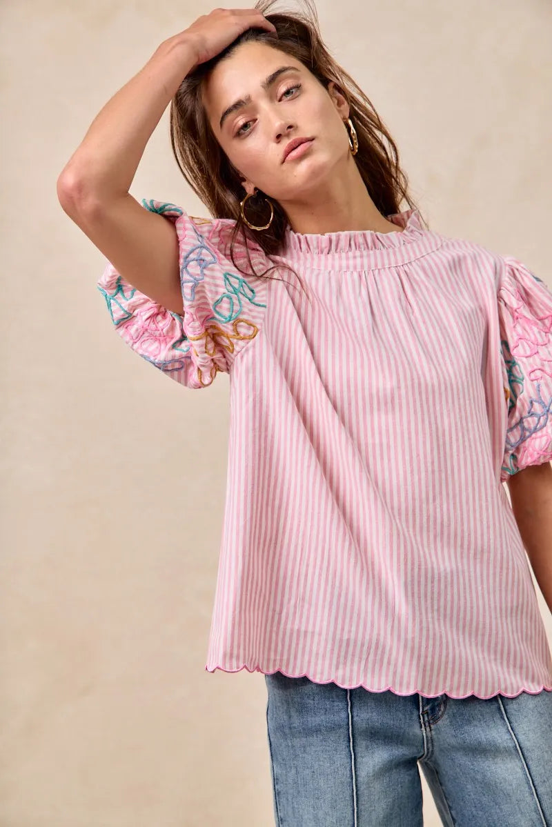 Image of BiBi Embroidery Bubble Sleeve Top With Bottom Scallop Detail | Queeble.shop