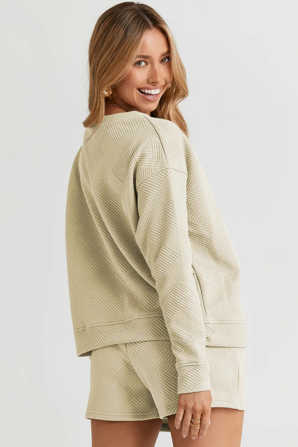 Image of Double Take Full Size Texture Long Sleeve Top and Drawstring Shorts Set | Queeble.shop