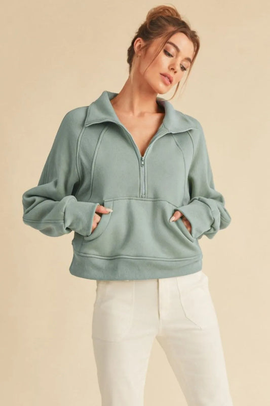 Image of Aemi + Co Half Zip Raglan Sleeve Sweatshirt with Kangaroo Pocket | Queeble.shop
