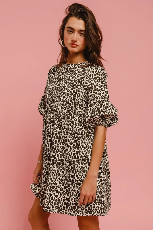 Image of BiBi Leopard Denim Dress With Back Contrast Tie Detail | Queeble.shop