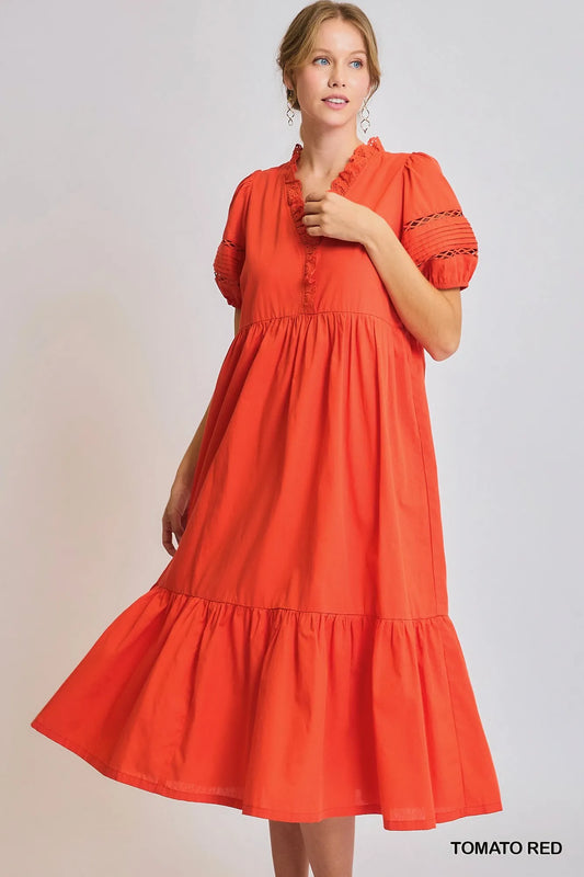 Image of Umgee Short Sleeve Lace-Trim Ruffled Midi Dress | Queeble.shop
