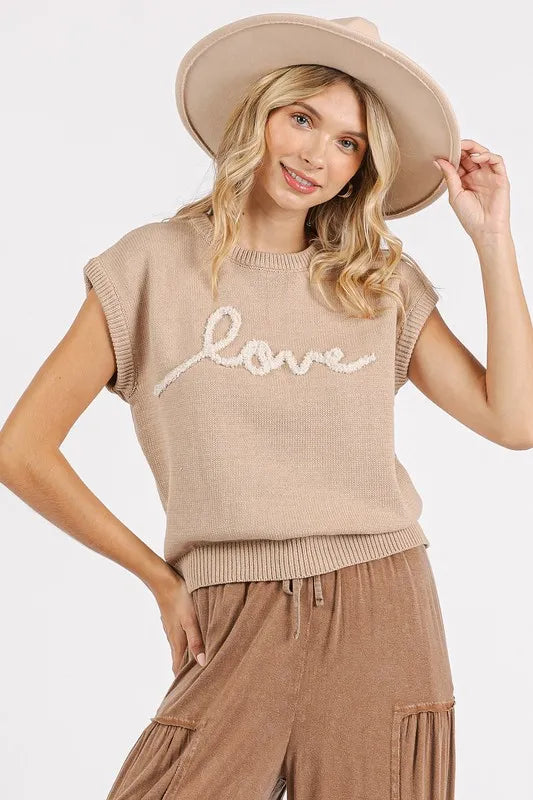 Image of Mittoshop Contrast Letter Round Neck Cap Sleeve Knit Top | Queeble.shop