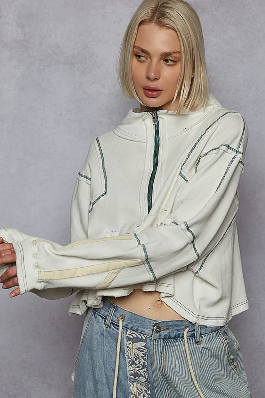 Image of POL Contrast Stitching Zip Front Sweatshirt | Queeble.shop