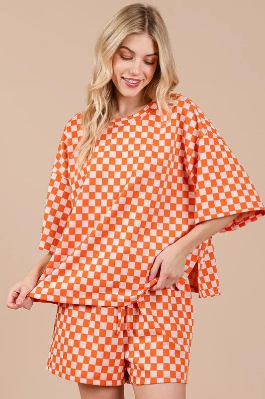 Image of Ces Femme Checkered Round Neck Top and Shorts Set | Queeble.shop