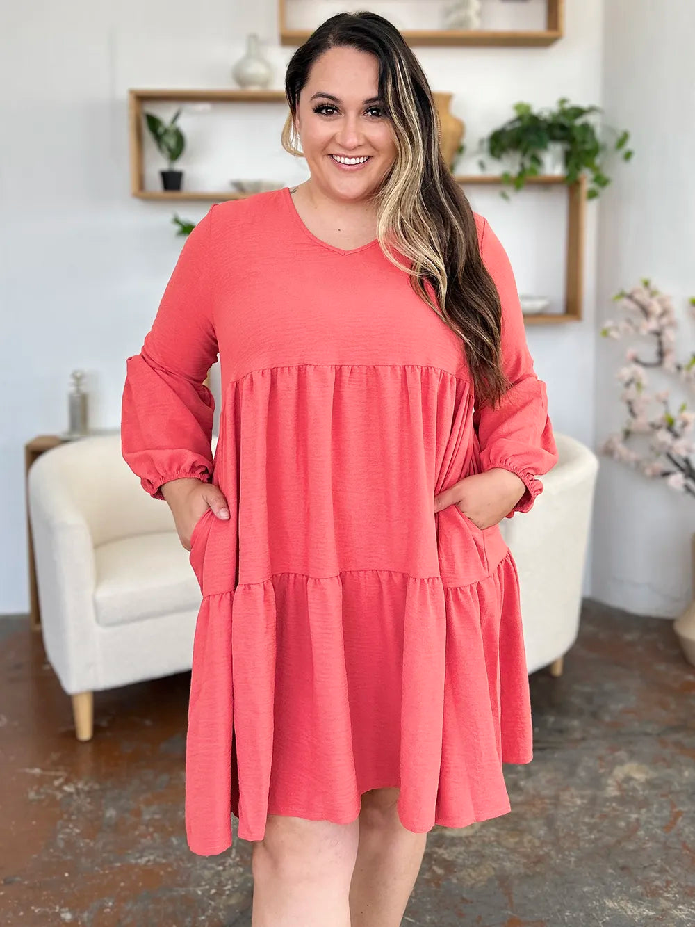 Image of Double Take Full Size V-Neck Balloon Sleeve Tiered Dress with Pockets | Queeble.shop
