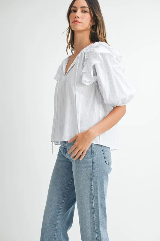 Image of MABLE Stripe Ruffle Shoulder Puff Sleeve Blouse | Queeble.shop