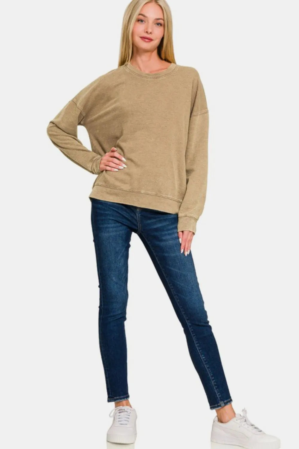 Image of Zenana Washed Round Neck Dropped Shoulder Sweatshirt | Queeble.shop