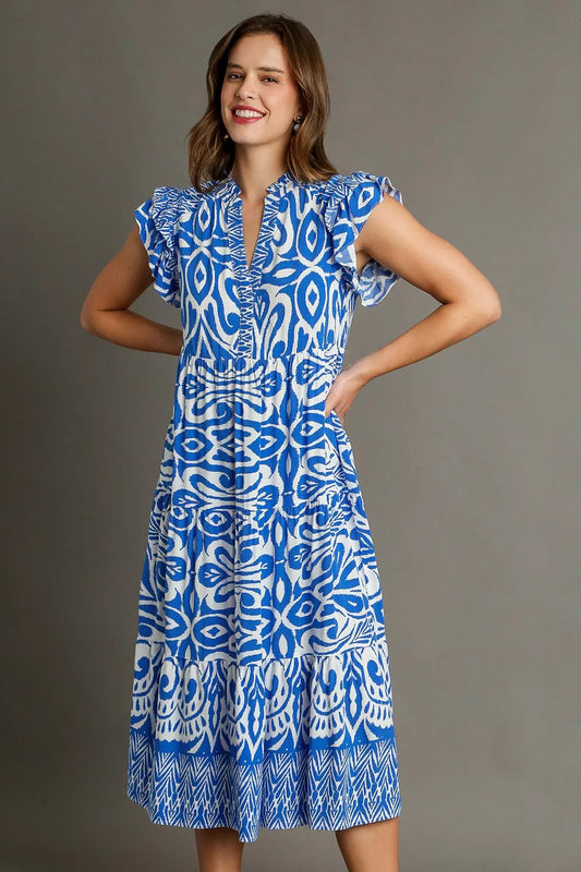 Image of Umgee Full Size Two Tone Border Print Ruffle Cap Sleeve Midi Dress Plus Size | Queeble.shop