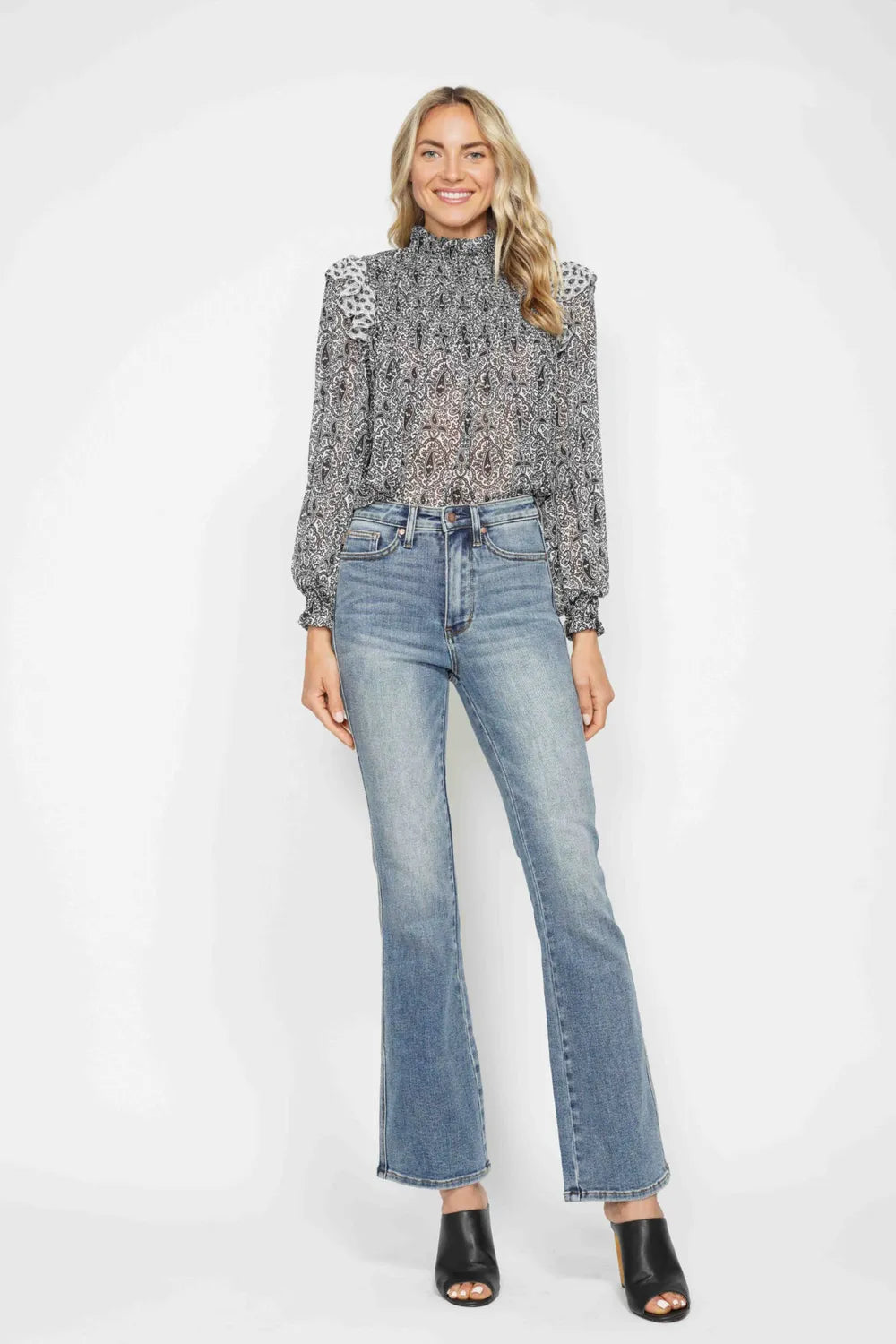 Image of Judy Blue Full Size Tummy Control Back Embroidered Pocketed Bootcut Jeans Plus Size | Queeble.shop