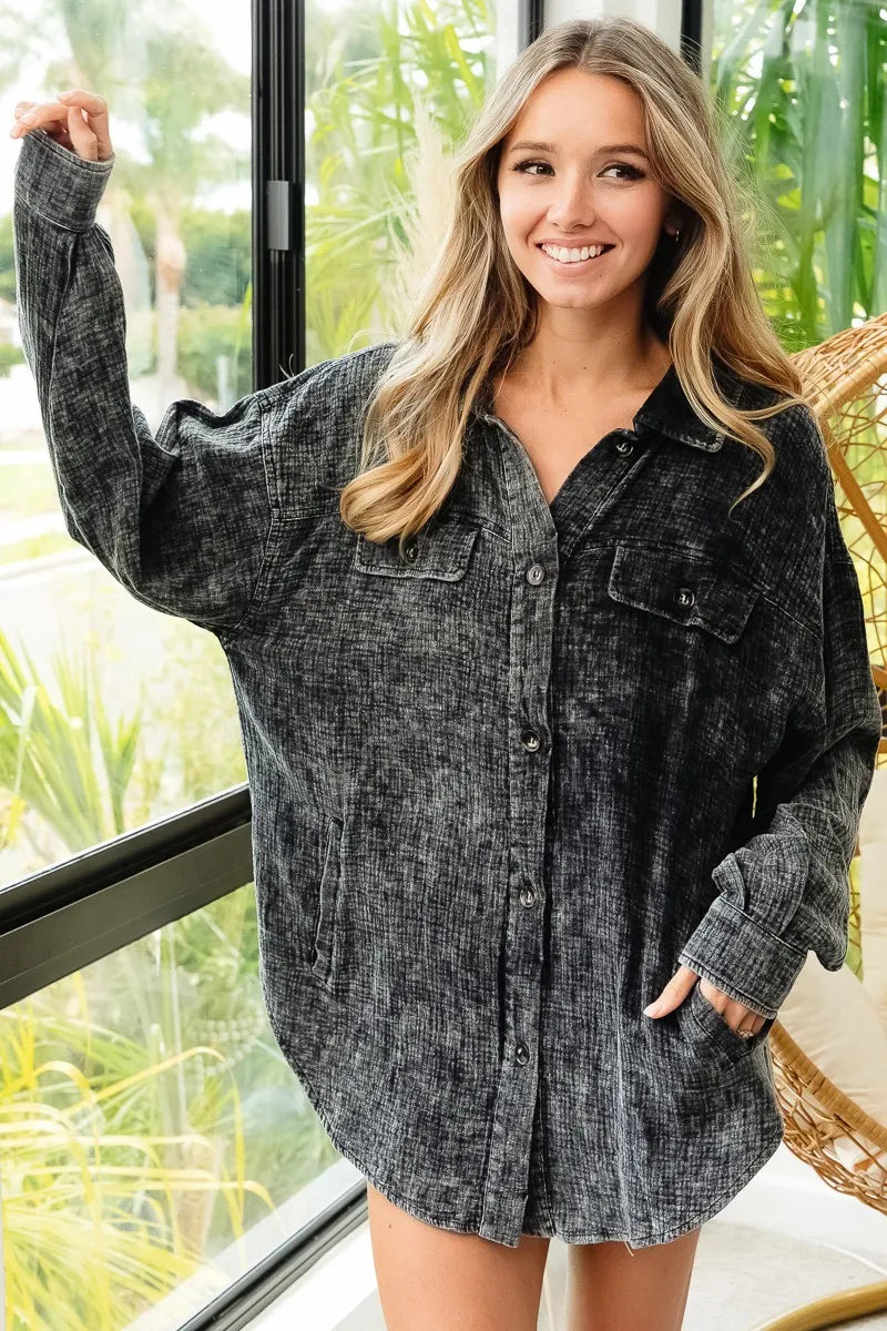 Image of BiBi Vintage Washed Wrinkle Gauze Shacket | Queeble.shop