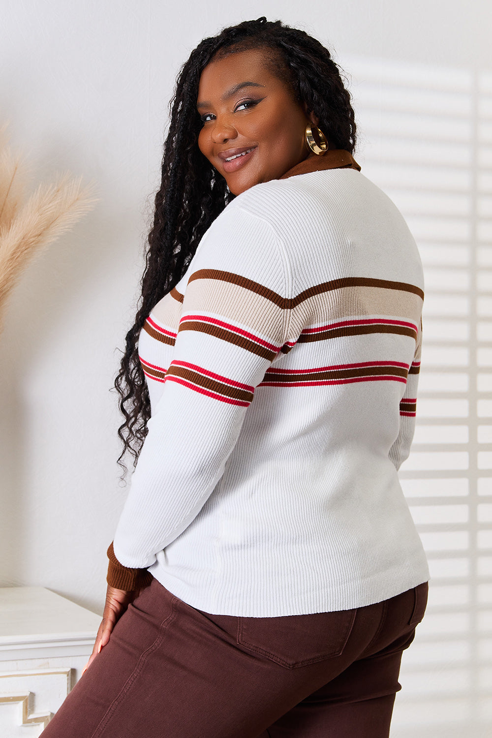 Image of Basic Bae Striped Collared Neck Rib-Knit Top | Queeble.shop