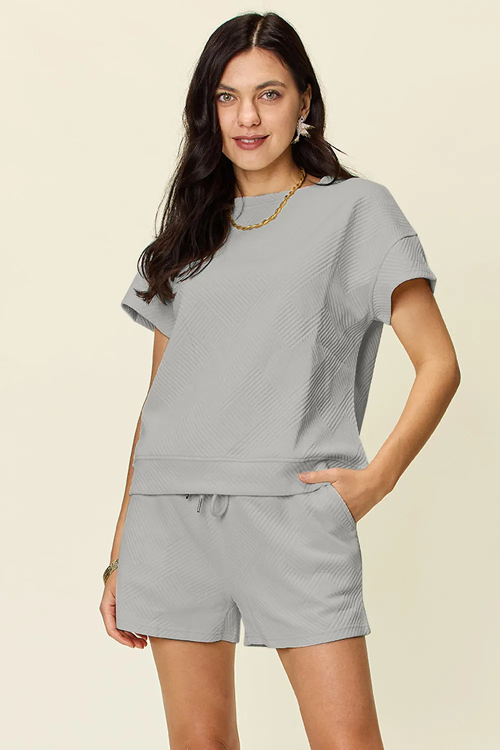 Image of Double Take Full Size Texture Short Sleeve T-Shirt and Drawstring Shorts Set | Queeble.shop