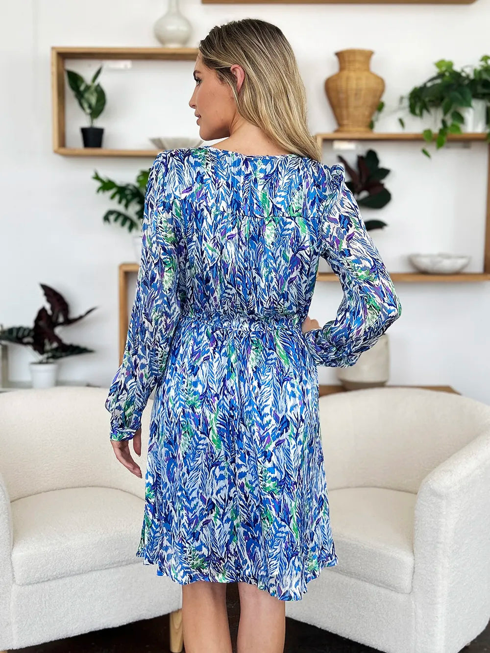 Image of Double Take Full Size Printed Drawstring Waist Long Sleeve Dress | Queeble.shop