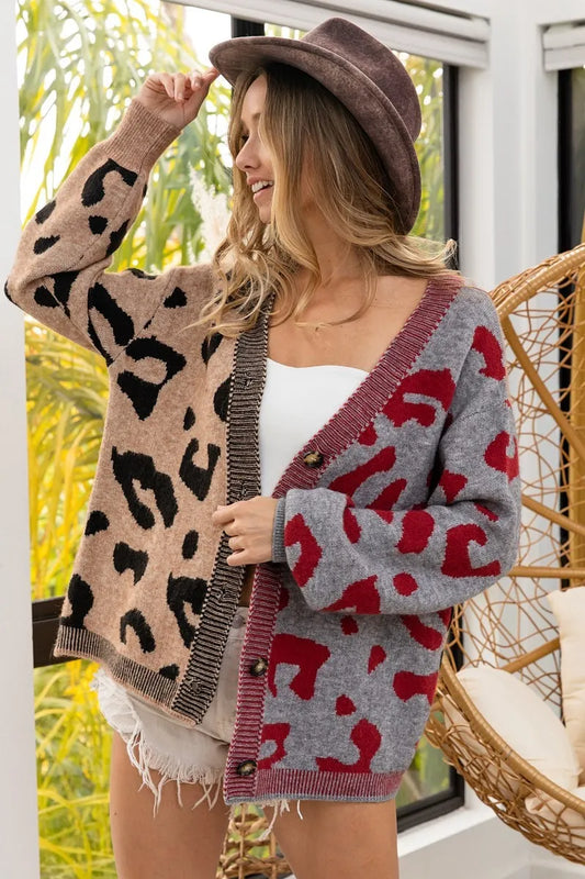 Image of BiBi Leopard Color Block Button Down Sweater Cardigan | Queeble.shop