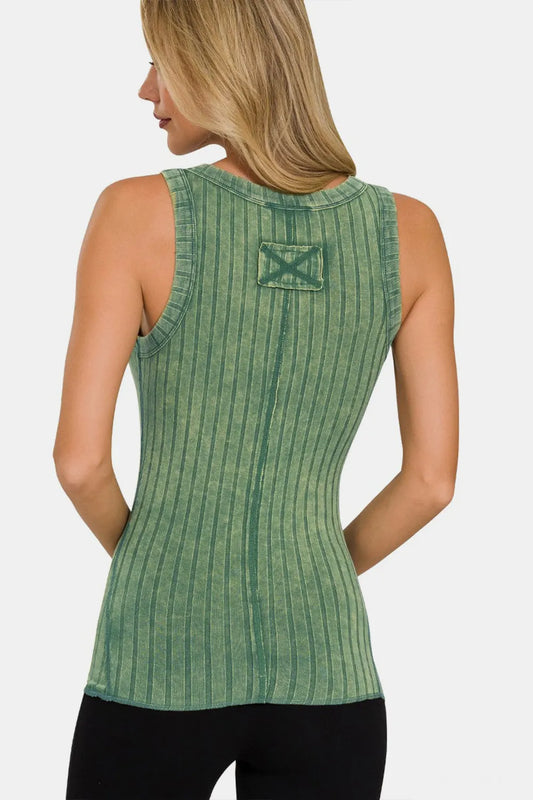 Image of Zenana Washed Ribbed Half Snap Henry Tank | Queeble.shop