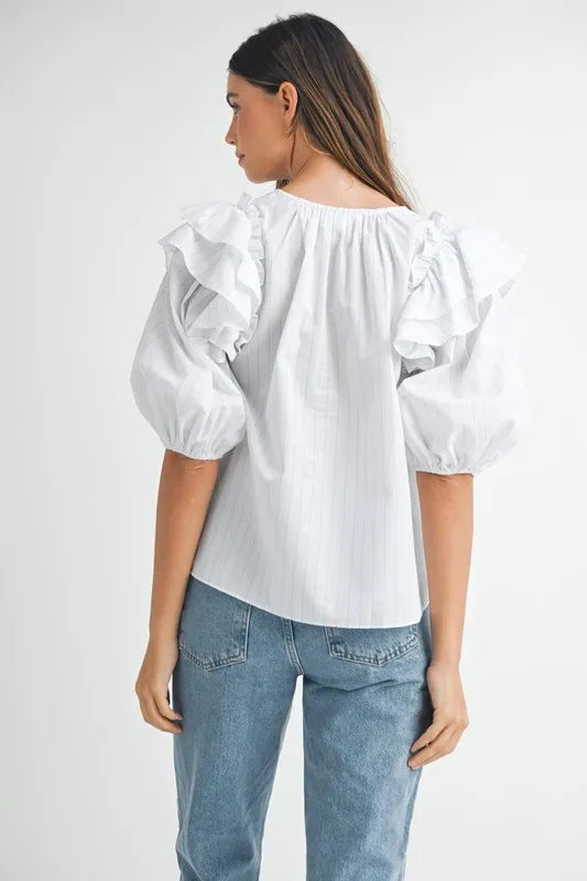 Image of MABLE Stripe Ruffle Shoulder Puff Sleeve Blouse | Queeble.shop