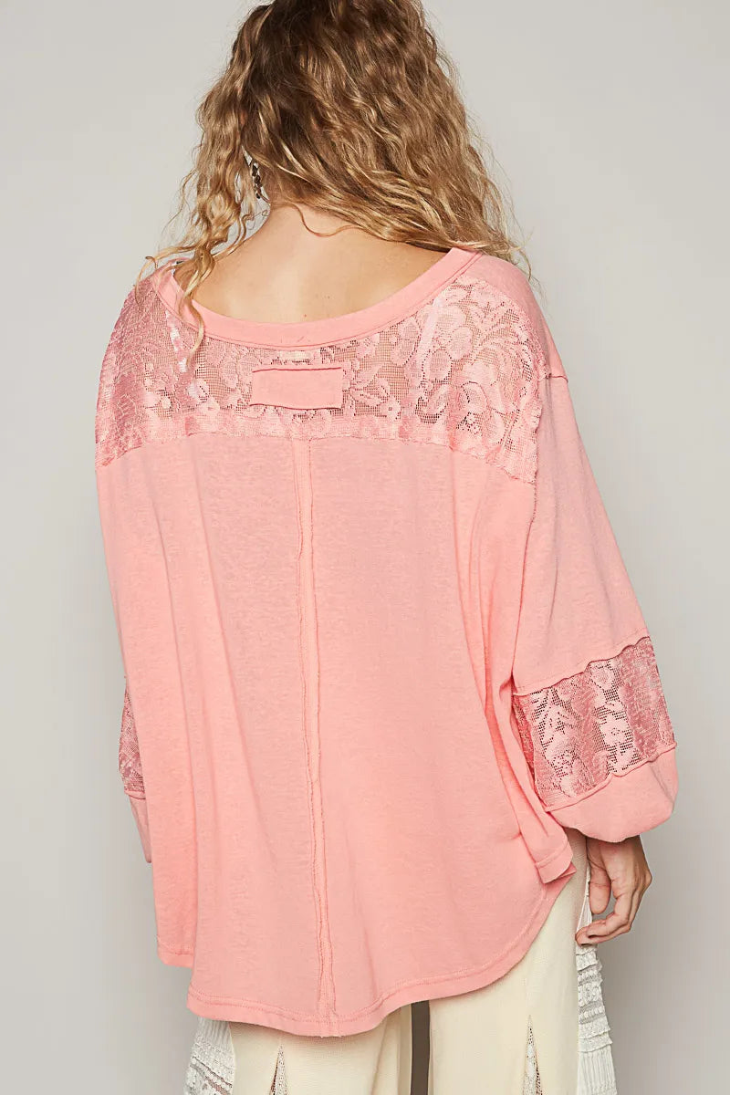 Image of POL V-Neck Long Sleeve T-Shirt with Lace Detail | Queeble.shop