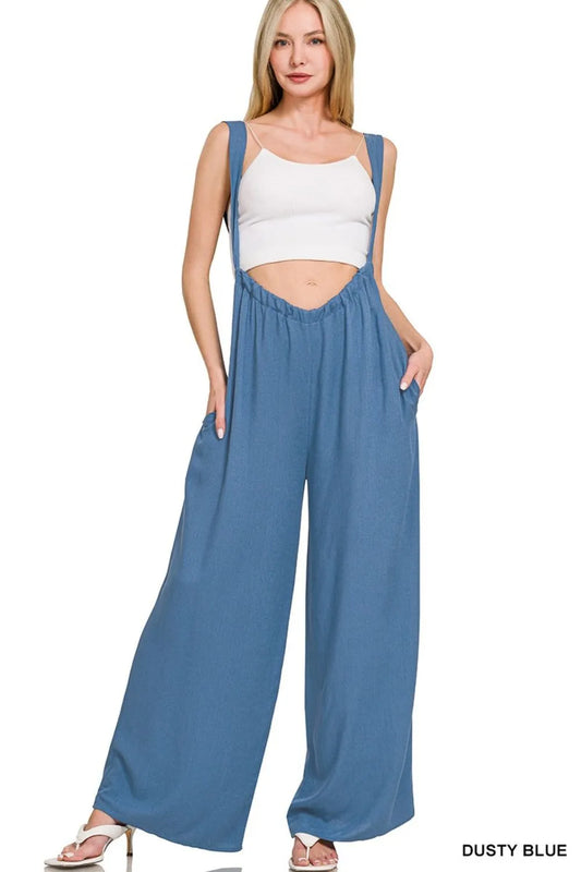 Image of Zenana Woven Tie Back Suspender Jumpsuit | Queeble.shop
