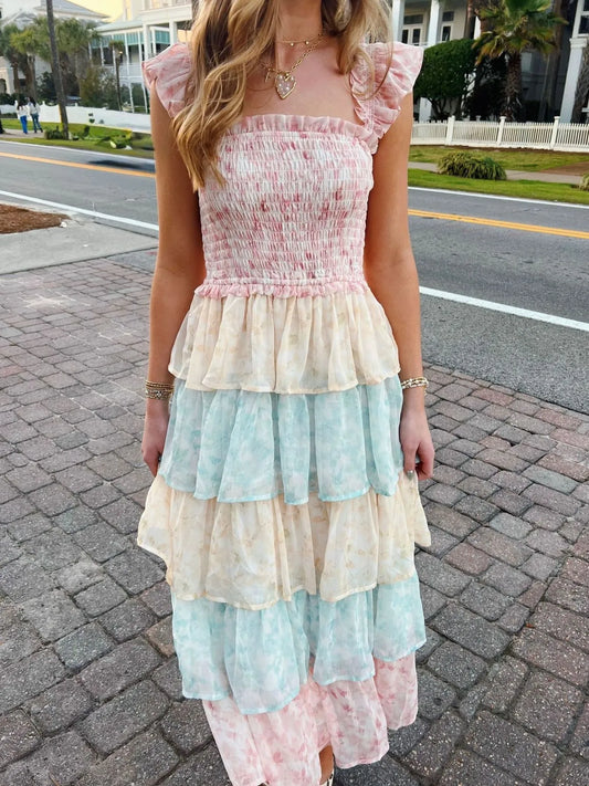 Image of Smocked Ruffle Layered Floral Midi Dress | Queeble.shop