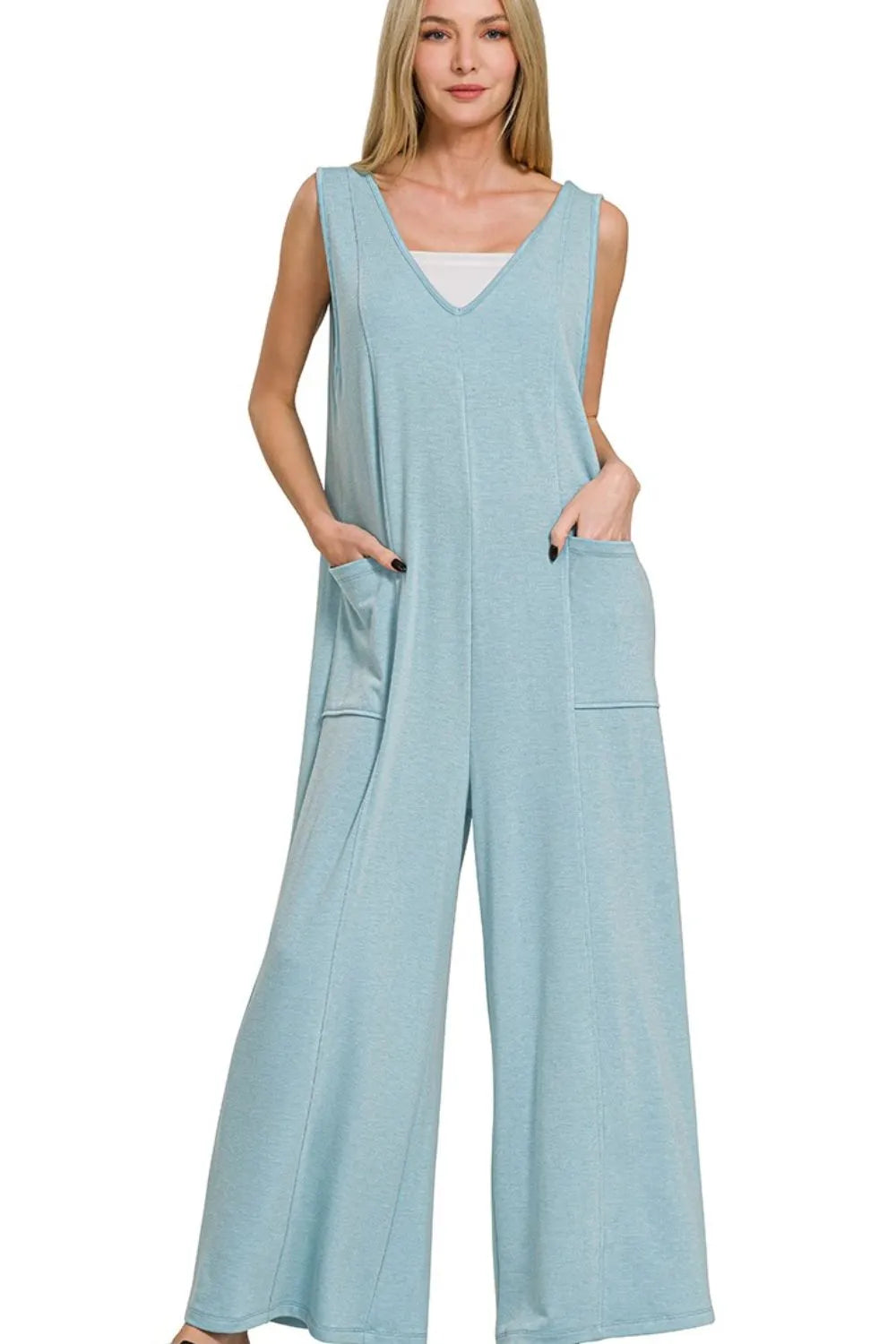 Image of Zenana French Terry Deep V Neck Jumpsuits | Queeble.shop