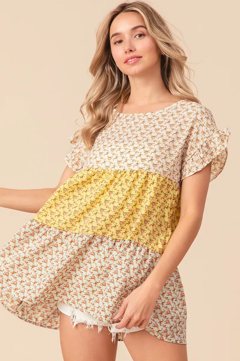 Image of BiBi Flroal Printed Woven Color Block and Tiered Top | Queeble.shop