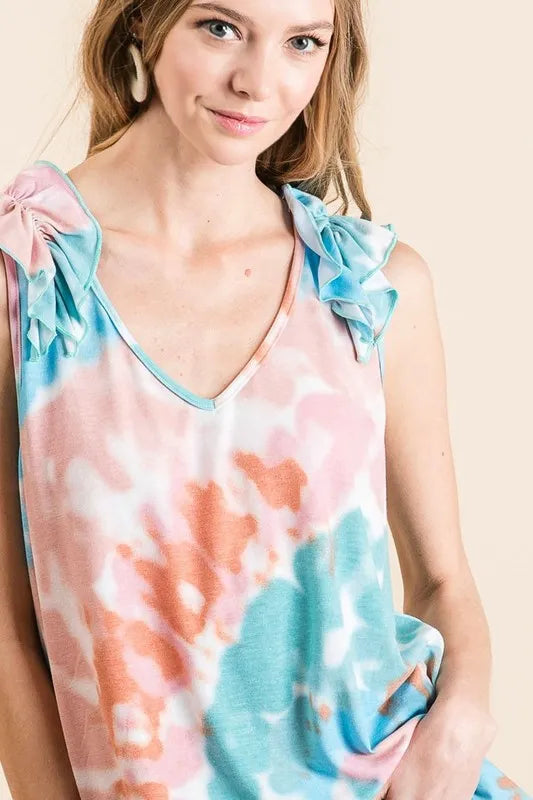 Image of BiBi Circular Tie Dye Knit V Neck Top With Ruffle | Queeble.shop