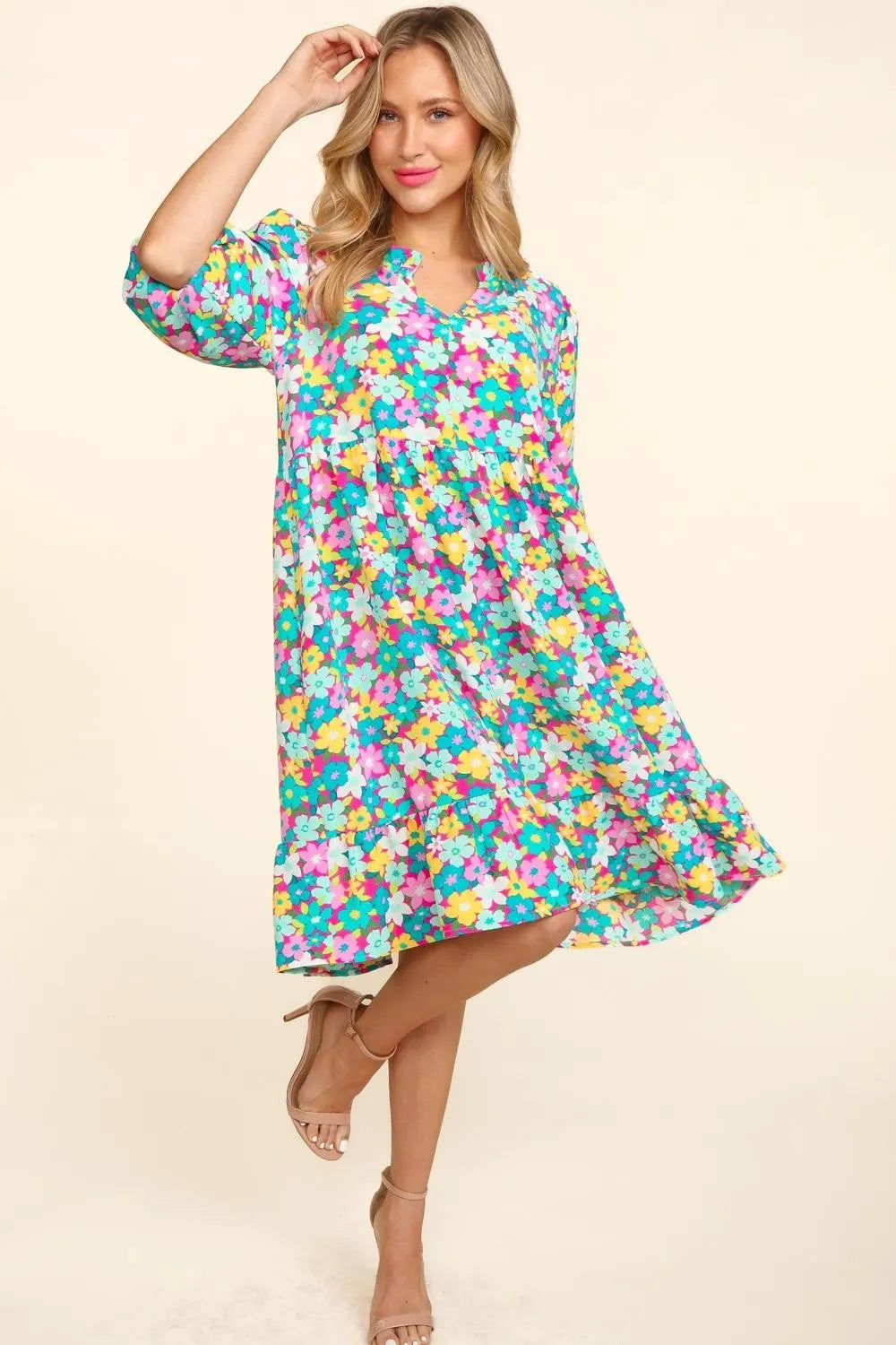 Image of Haptics Bubble Sleeve Floral Ruffled Dress | Queeble.shop
