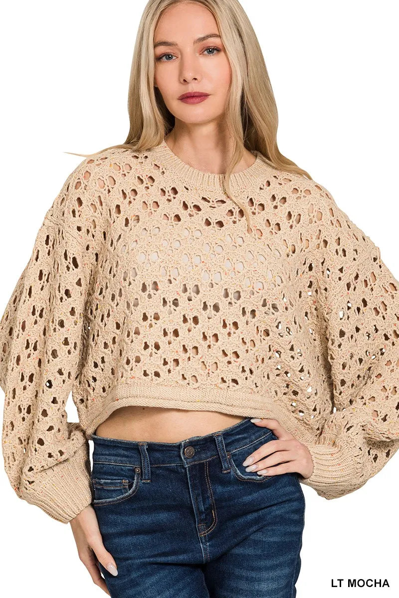 Image of Zenana Oversized Cropped Crochet Knit Sweater | Queeble.shop
