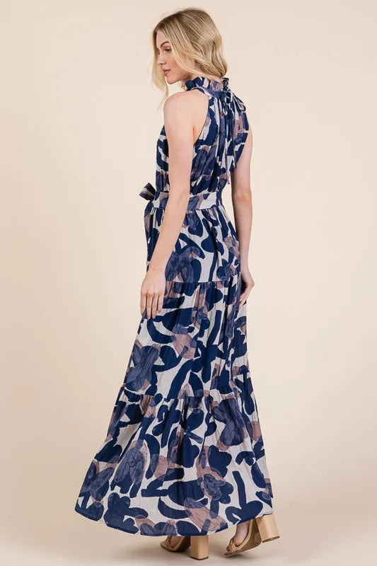 Image of Lime 'N' Chili Abstract Halter Neck Tie-Waist Tiered Maxi Dress | Queeble.shop