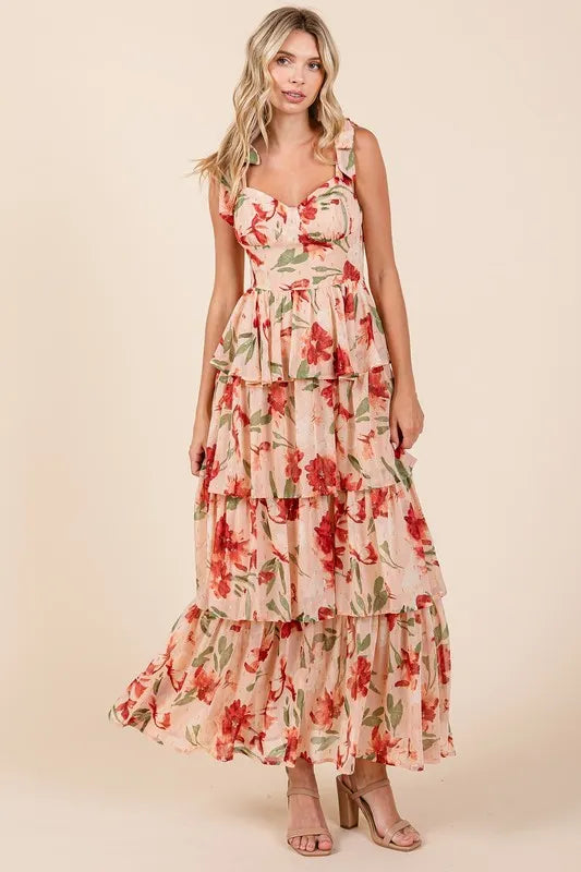 Image of Mittoshop Layered Floral Sweetheart Neck Maxi Dress | Queeble.shop