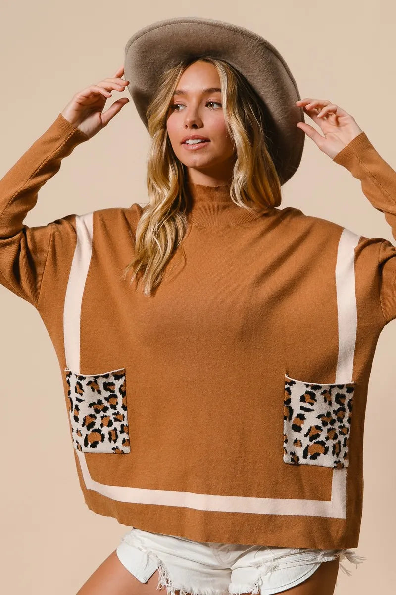 Image of BiBi Mock Neck Sweater with Leopard Pocket | Queeble.shop