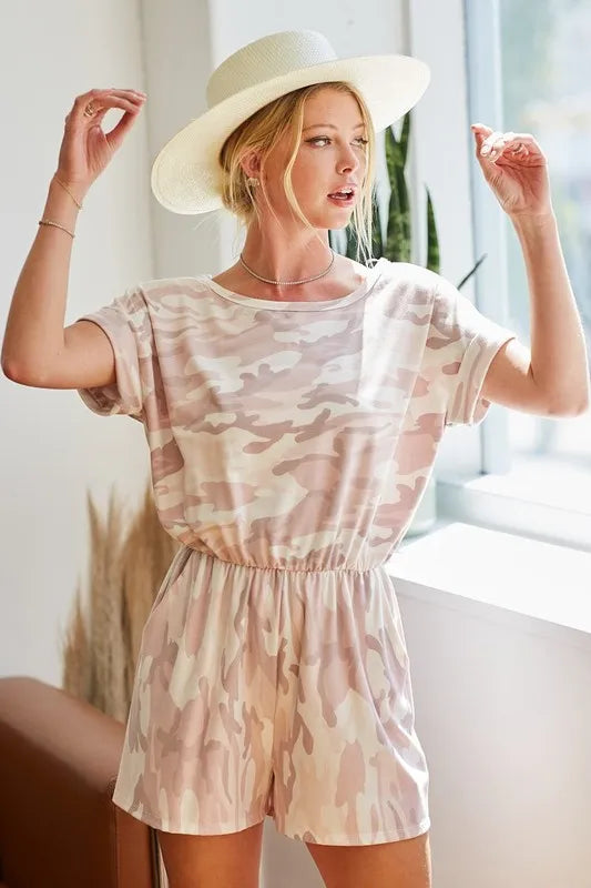 Image of BiBi Camo Print French Terry Romper with Side Pockets | Queeble.shop