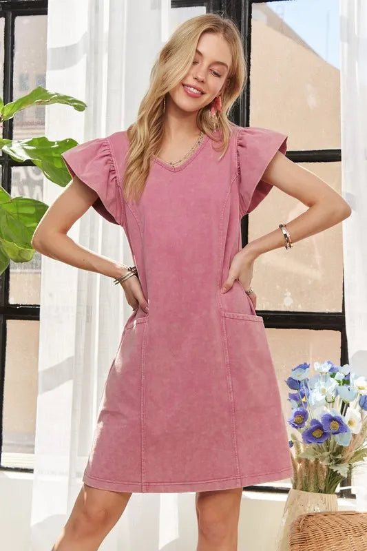 Image of ADORA Mineral Washed V-Neck Ruffled Cap Sleeve Dress | Queeble.shop