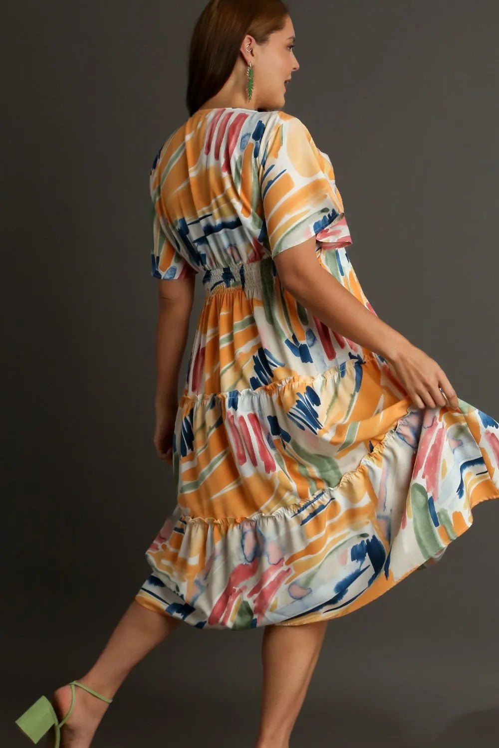 Image of Umgee Full Size Abstract Print Flutter Sleeve Frill Tiered Midi Dress Plus Size | Queeble.shop