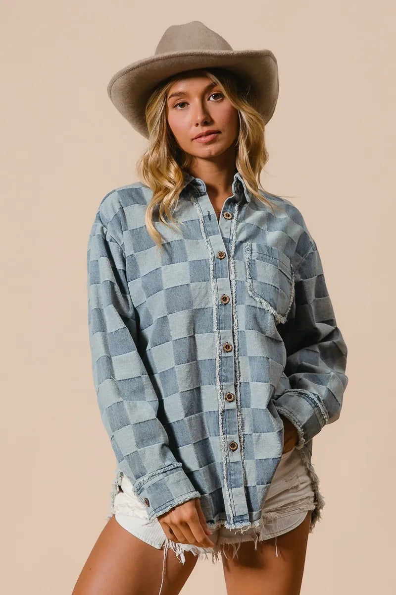 Image of BiBi Frayed Edged Detail Washed Checker Denim Shirt | Queeble.shop