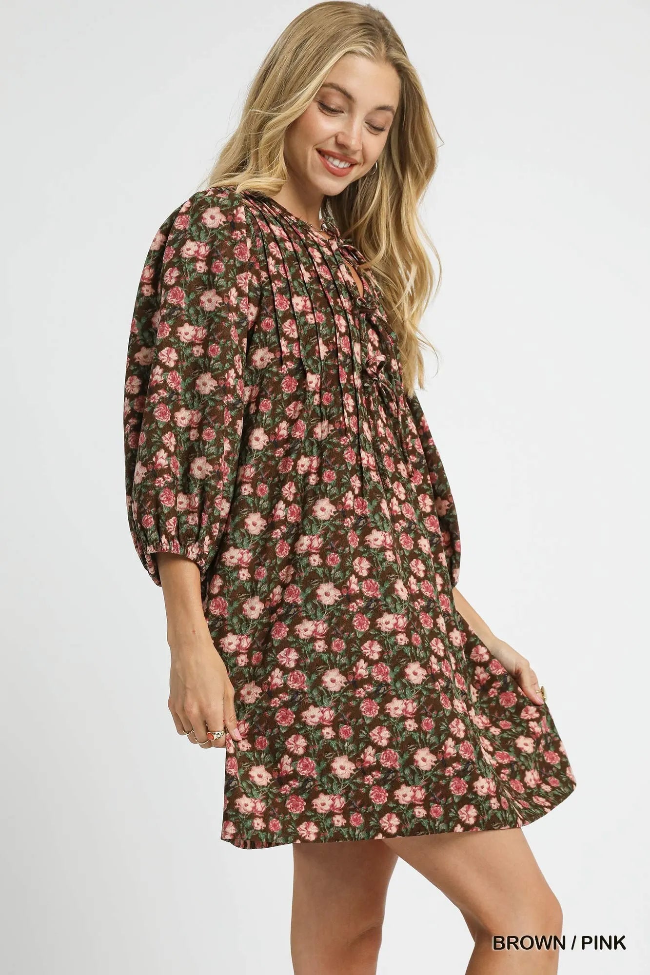 Image of Umgee Floral Tie-Neck Babydoll Dress | Queeble.shop