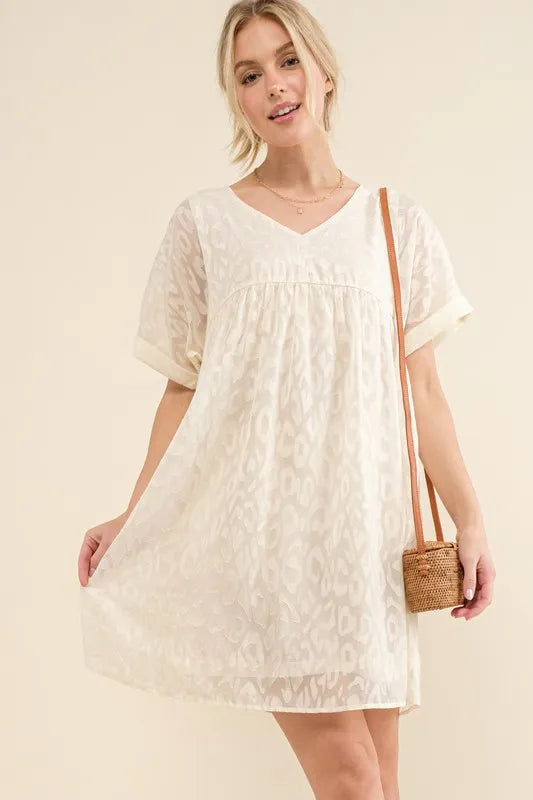 Image of And The Why Woven Leopard Baby Doll Roll-Sleeve Casual Dress | Queeble.shop
