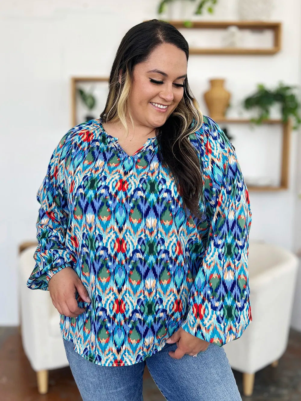 Image of Double Take Full Size Printed Balloon Sleeve Blouse | Queeble.shop