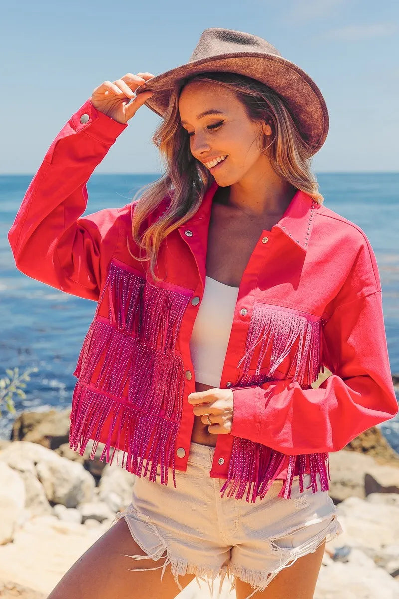 Image of BiBi Rhinestone Fringe with Studed Collar Jacket | Queeble.shop