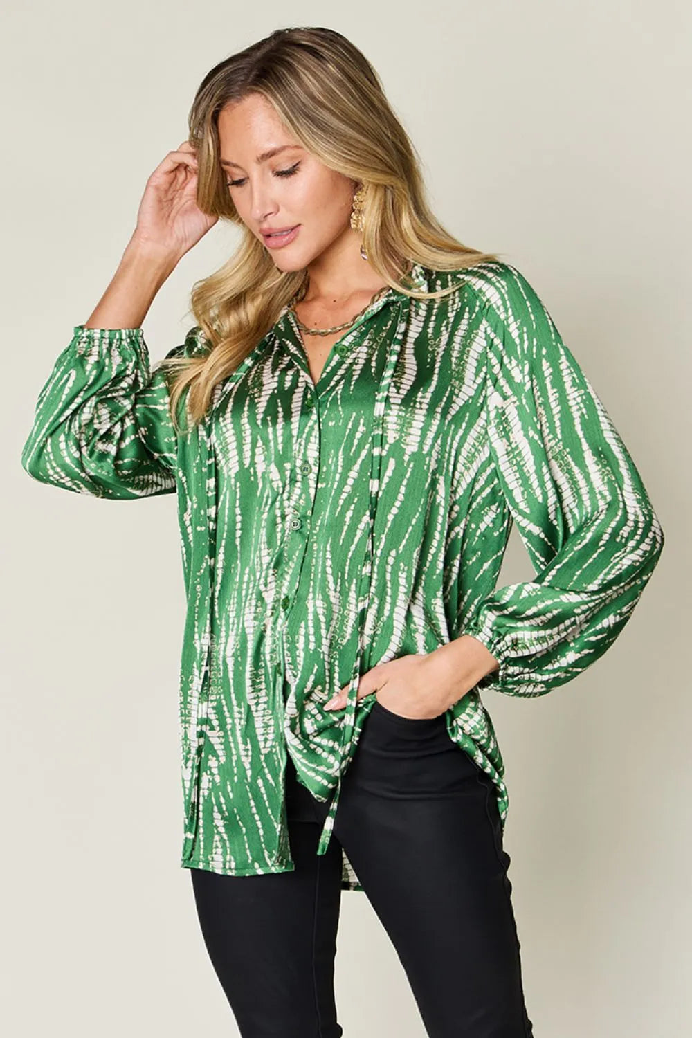 Image of Double Take Full Size Printed Button Up Long Sleeve Shirt | Queeble.shop