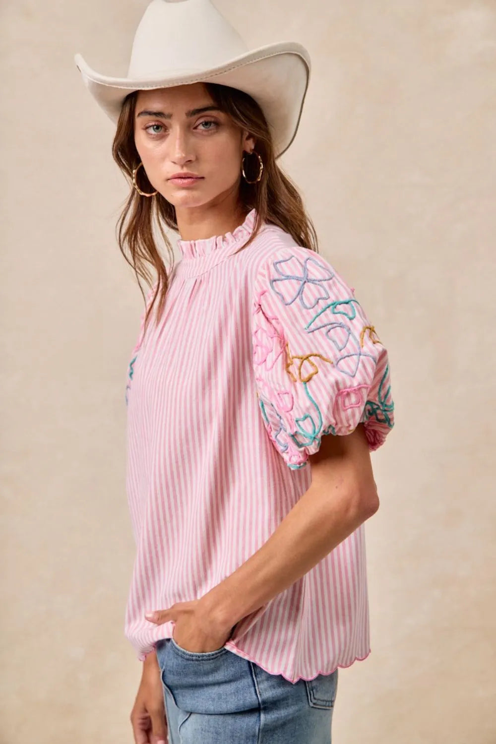 Image of BiBi Embroidery Bubble Sleeve Top With Bottom Scallop Detail | Queeble.shop