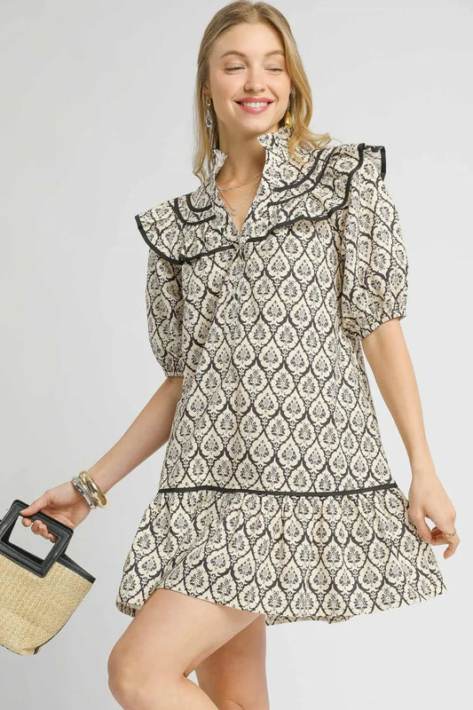 Image of Umgee Ruffled Printed Puff Sleeve Mini Dress | Queeble.shop