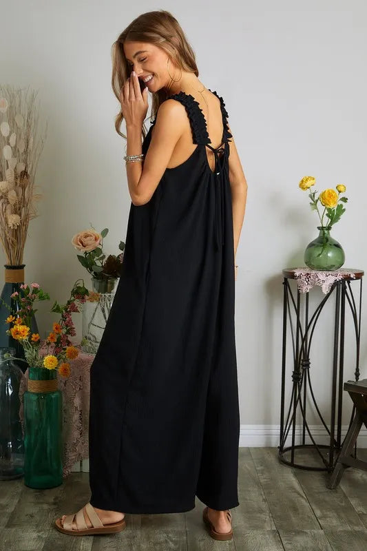 Image of ADORA Full Size Elastic Ruffle Shoulder Jumpsuit Plus Size | Queeble.shop